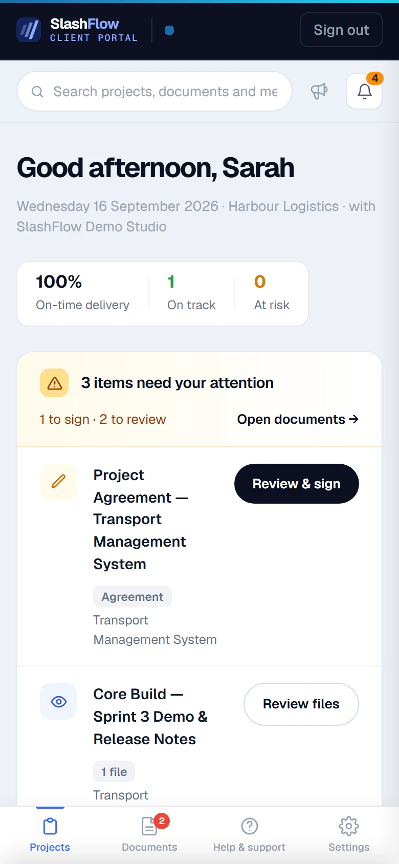 The SlashFlow client portal on a phone, showing the items needing the client's attention with review and sign actions.